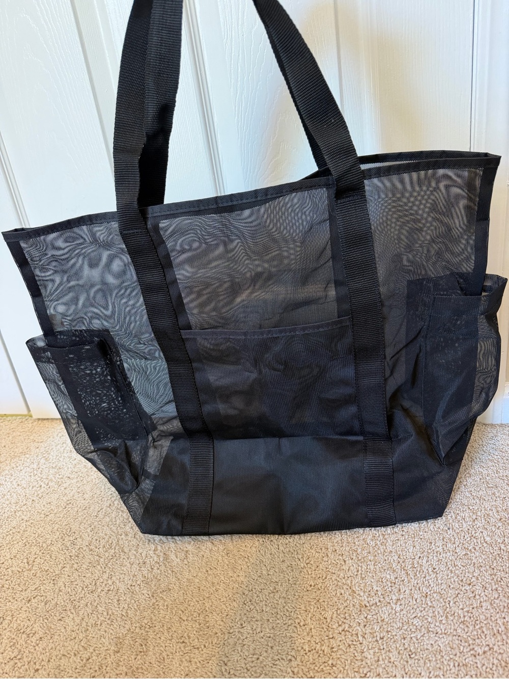 Black Mesh Tote Beach Bag Pool Utility Organizer with Exterior Pockets